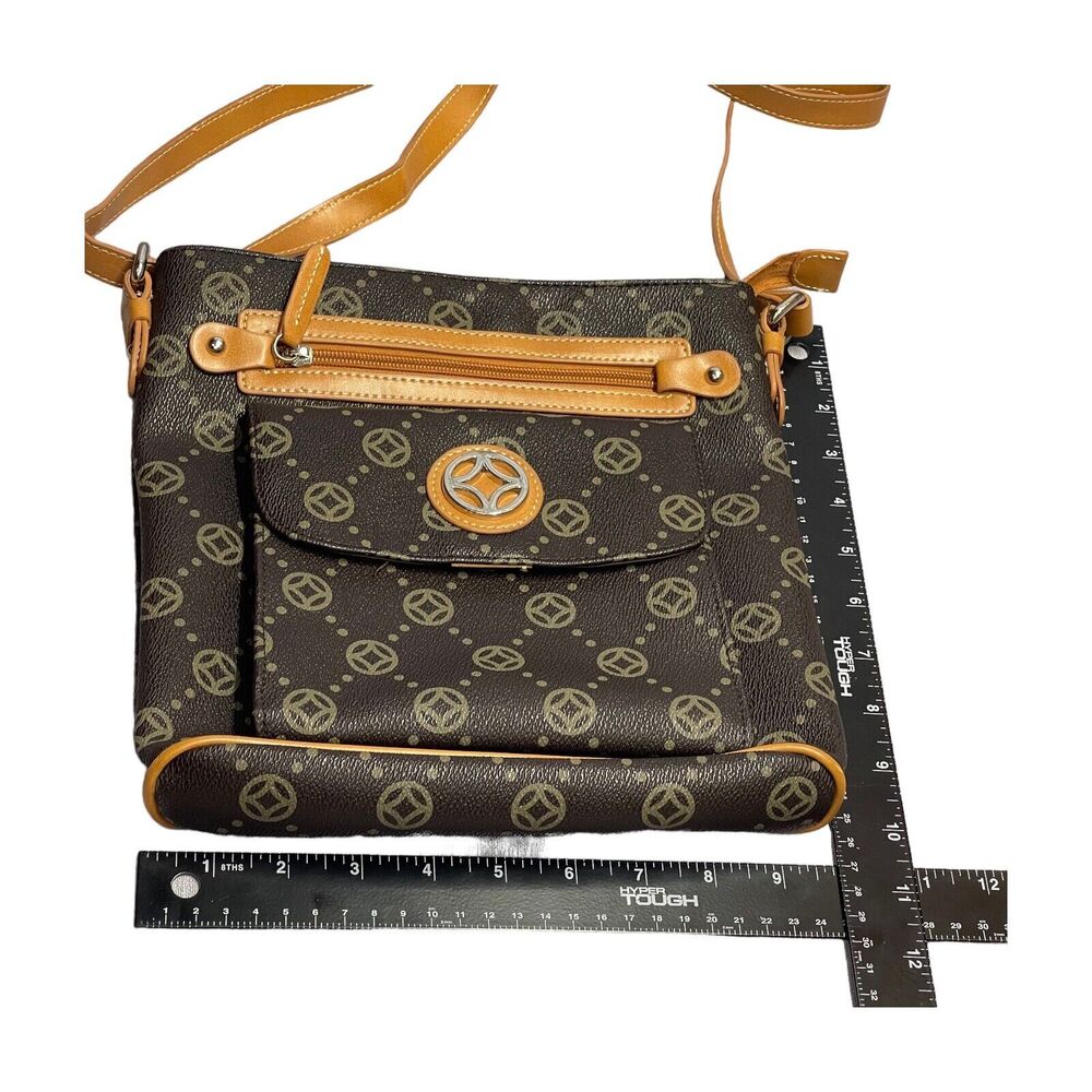 Fashion Shoulder Bag Cross Body Brown Printed PVC Vinyl Trim Adjustable Strap - Picture 9 of 12